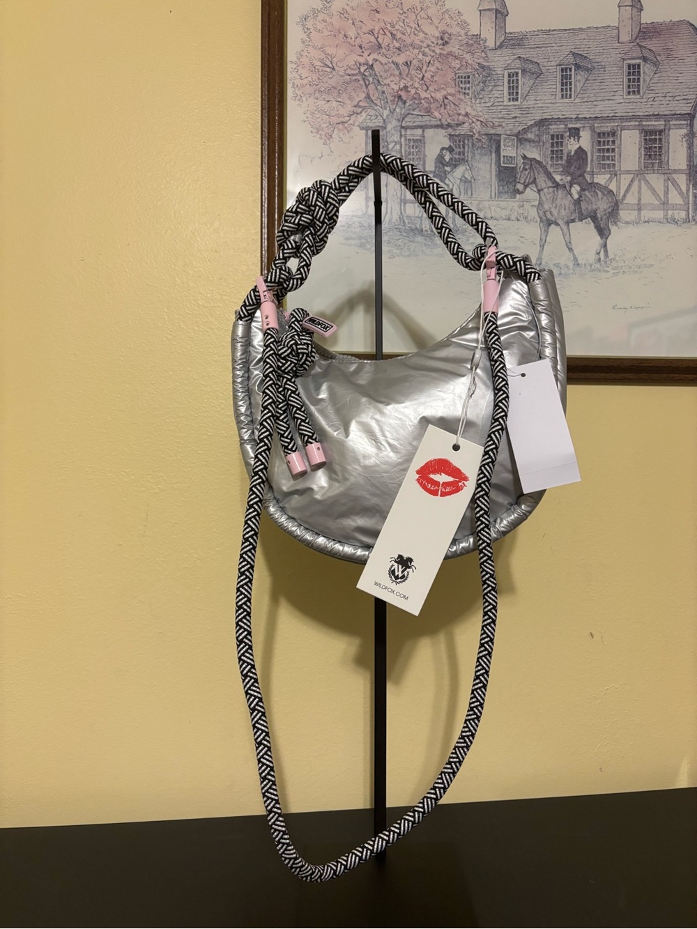 Wildfox Silver Hobo Bag with Black & White Braided Strap and Pink Tabs